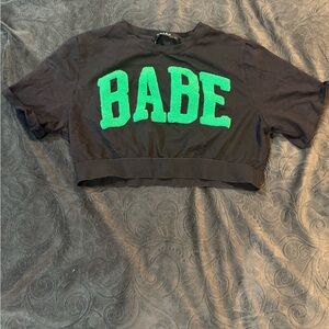 Black Akira Crop Top with Green 'Babe' Text
